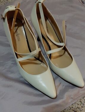 Neiman Marcus Cream Pointed Mary Jane Ankle-Strap Heels